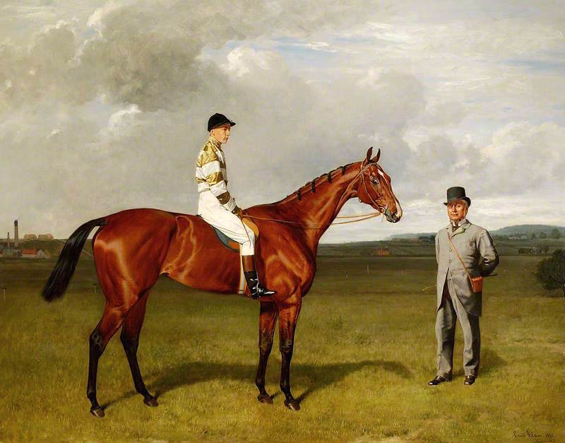 'Mimi' with Rickaby up with Her Trainer, Mr Matthew Dawson, vintage artwork by Emil Adam, 12x8" (A4) Poster