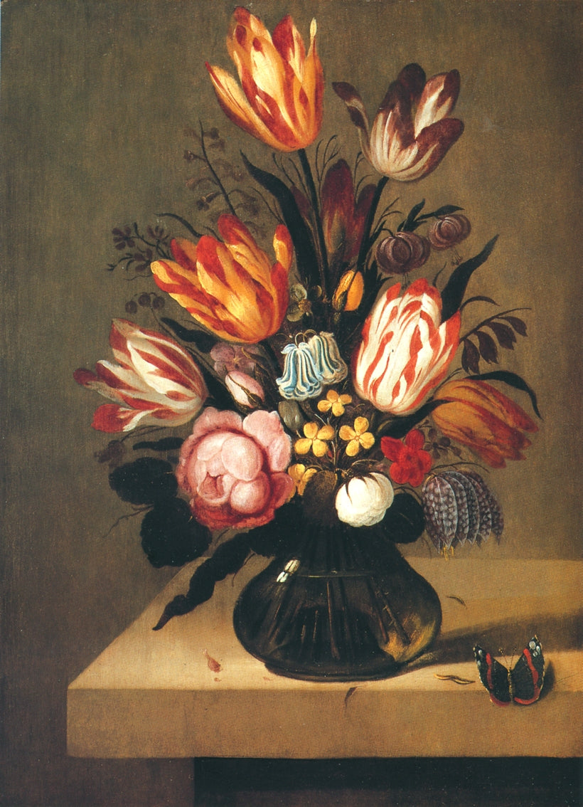 Bouquet of flowers with a butterfly on a stone slab, vintage artwork by Abraham Bosschaert, 12x8" (A4) Poster