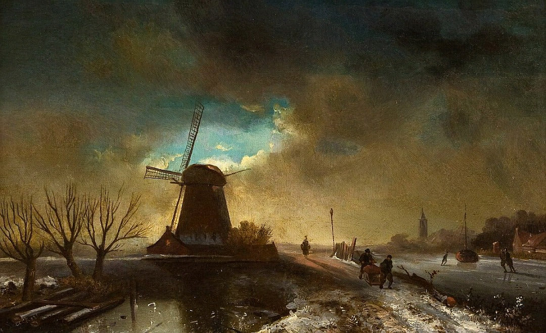 Winter Landscape with a Windmill, vintage artwork by Charles Henri Joseph Leickert, A3 (16x12") Poster Print