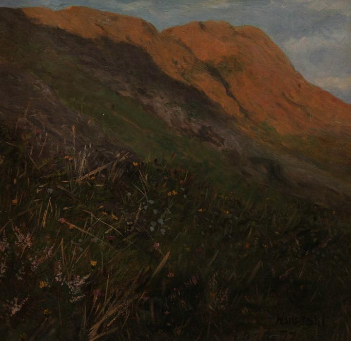 Mountain Landscape with Flowers, vintage artwork by Hans Dahl, 12x8" (A4) Poster