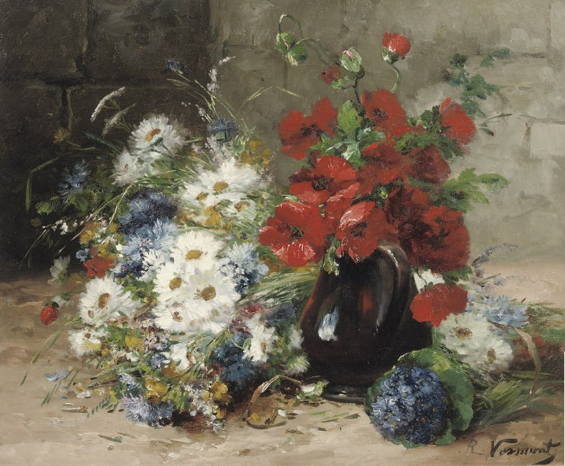 A Summer Bouquet with Poppies and Daisies, vintage artwork by Eugene Henri Cauchois, 12x8" (A4) Poster