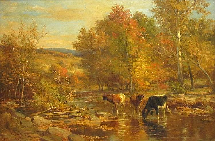 Fall Landscape with Cows, vintage artwork by Thomas Craig, 12x8" (A4) Poster