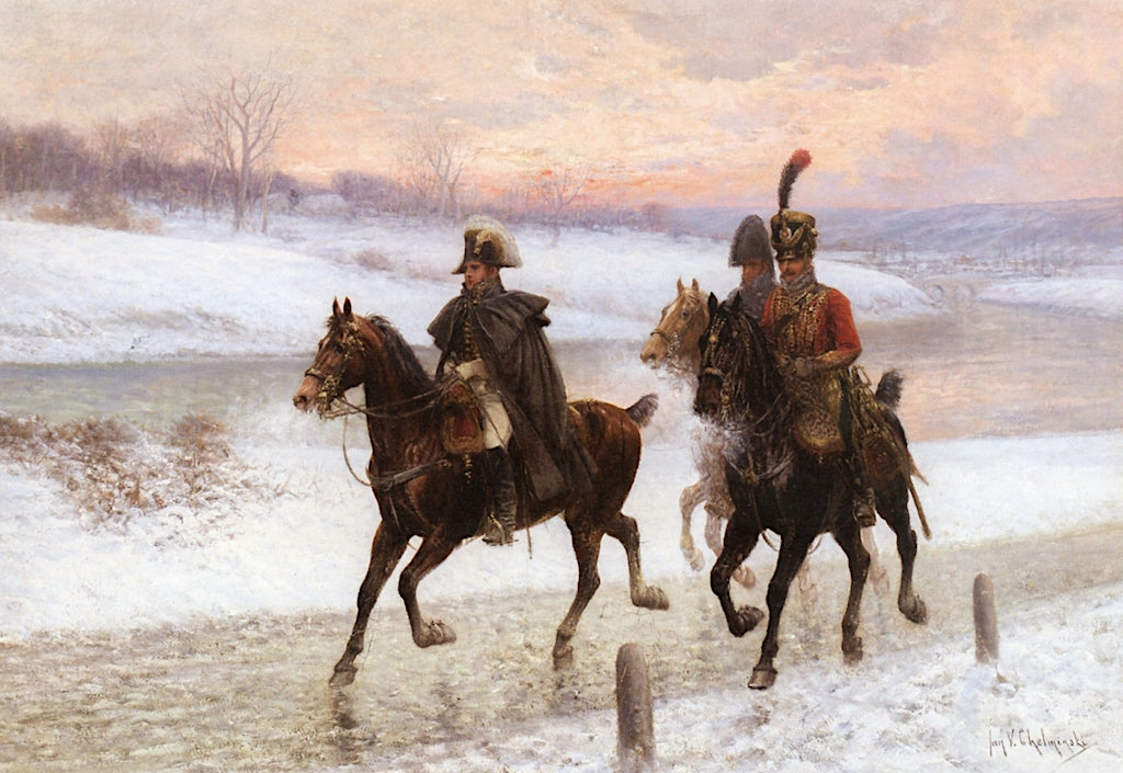 Napoleon and Two of His Marshals, Mounted, on the Retreat from Moscow, vintage artwork by Jan Chełmiński, 12x8" (A4) Poster