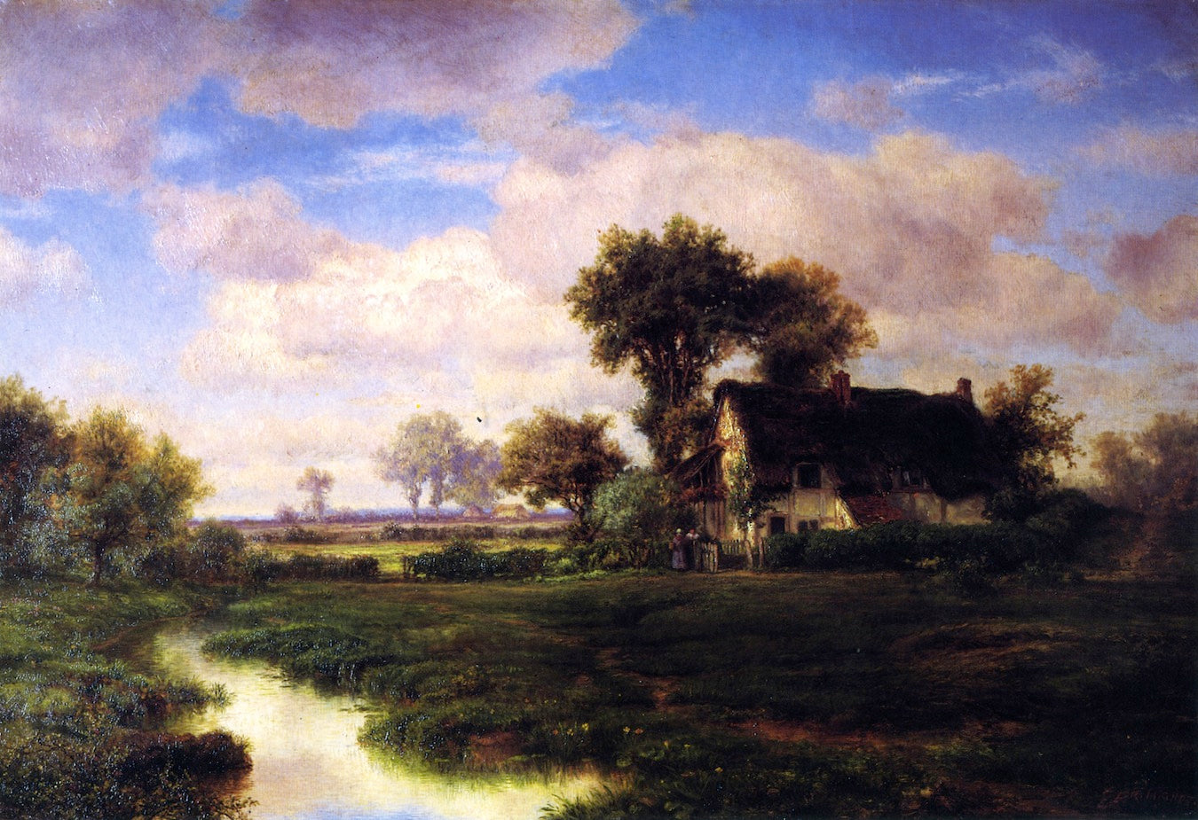Landscape with Farmhouse by a Stream, vintage artwork by Louis Remy Mignot, 12x8" (A4) Poster
