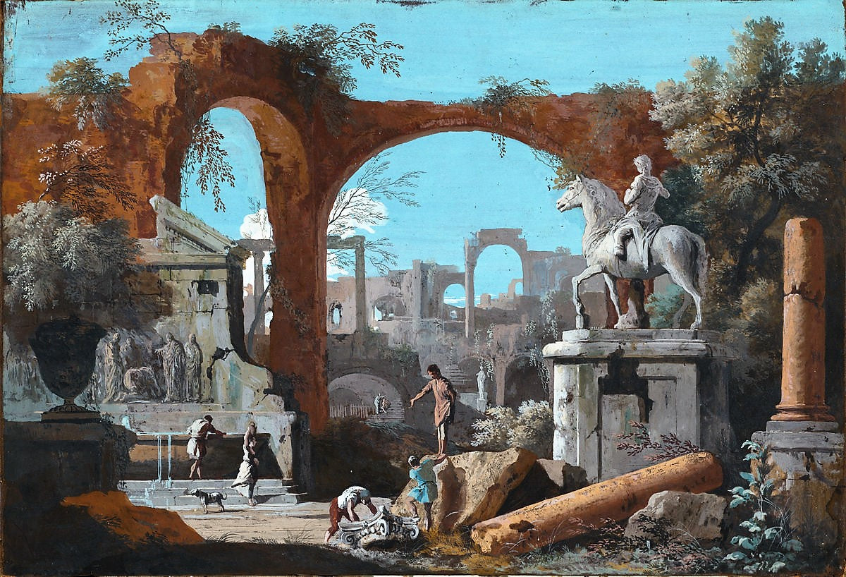A Capriccio of Roman Ruins, vintage artwork by Marco Ricci, 12x8" (A4) Poster