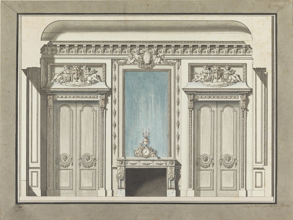 Wall Elevation for a Salon with Mantelpiece, vintage artwork by Louis-Gustave Taraval, 12x8" (A4) Poster