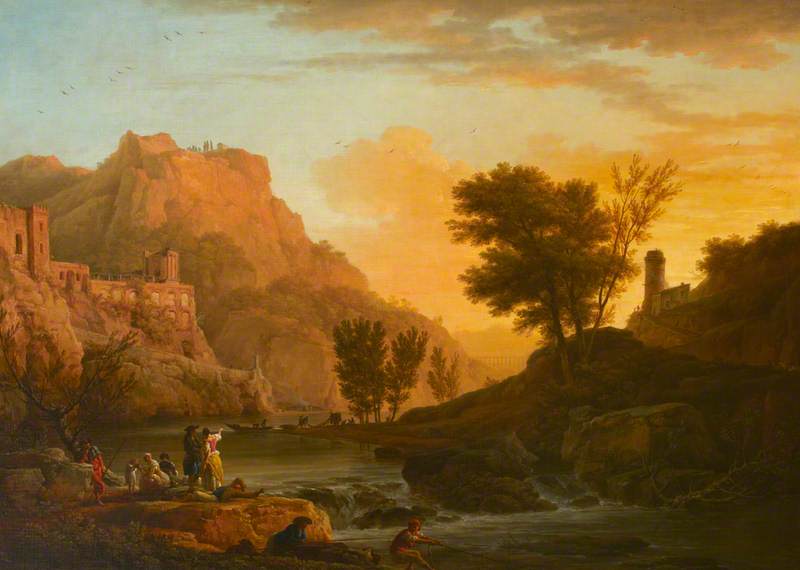 A River Landscape with a Town Above, vintage artwork by Claude-Joseph Vernet, 12x8" (A4) Poster