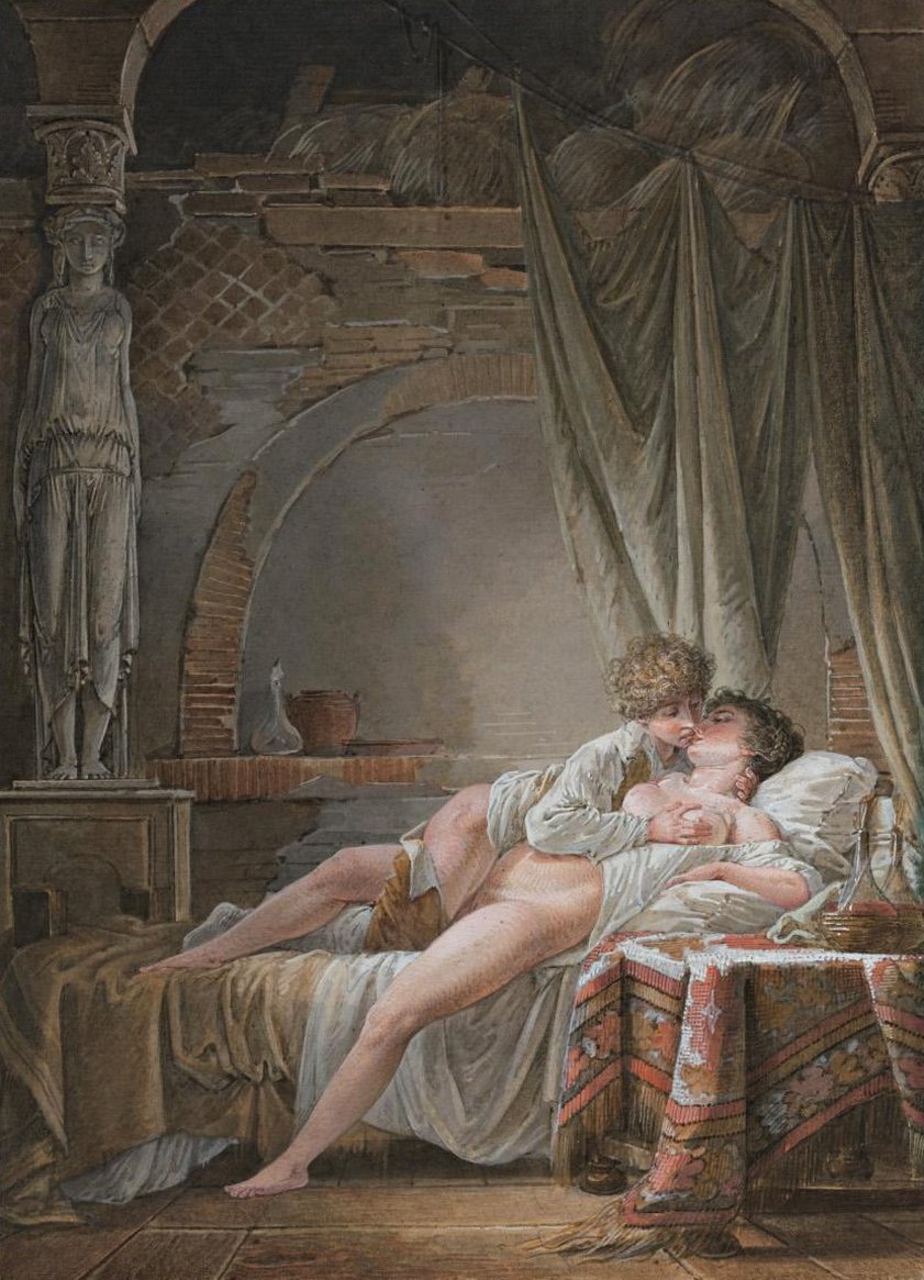 A Young Couple in a Passionate Embrace, vintage artwork by Jean-Baptiste Mallet, 12x8" (A4) Poster