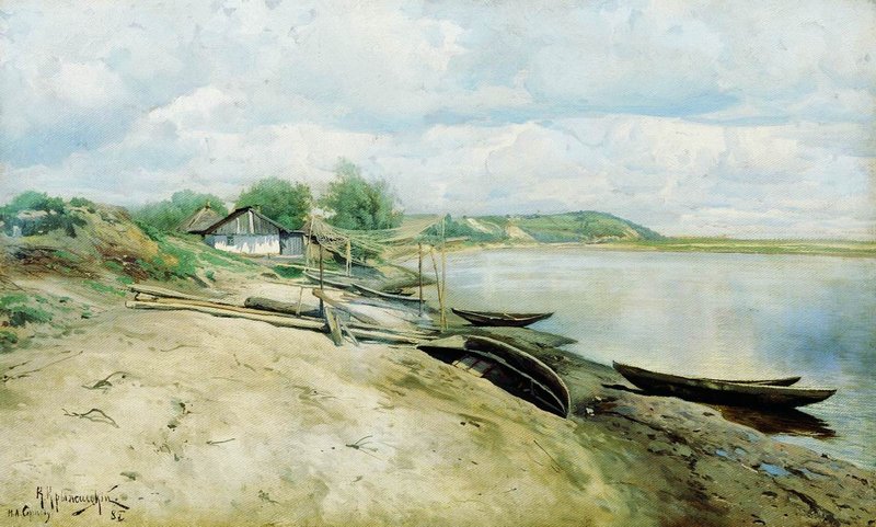 Fishing Village on the Dnieper River, vintage artwork by Konstantin Kryzhitsky, 12x8" (A4) Poster