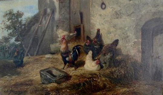 Poultry by a Barn, vintage artwork by Charles-Émile Jacque, A3 (16x12") Poster Print