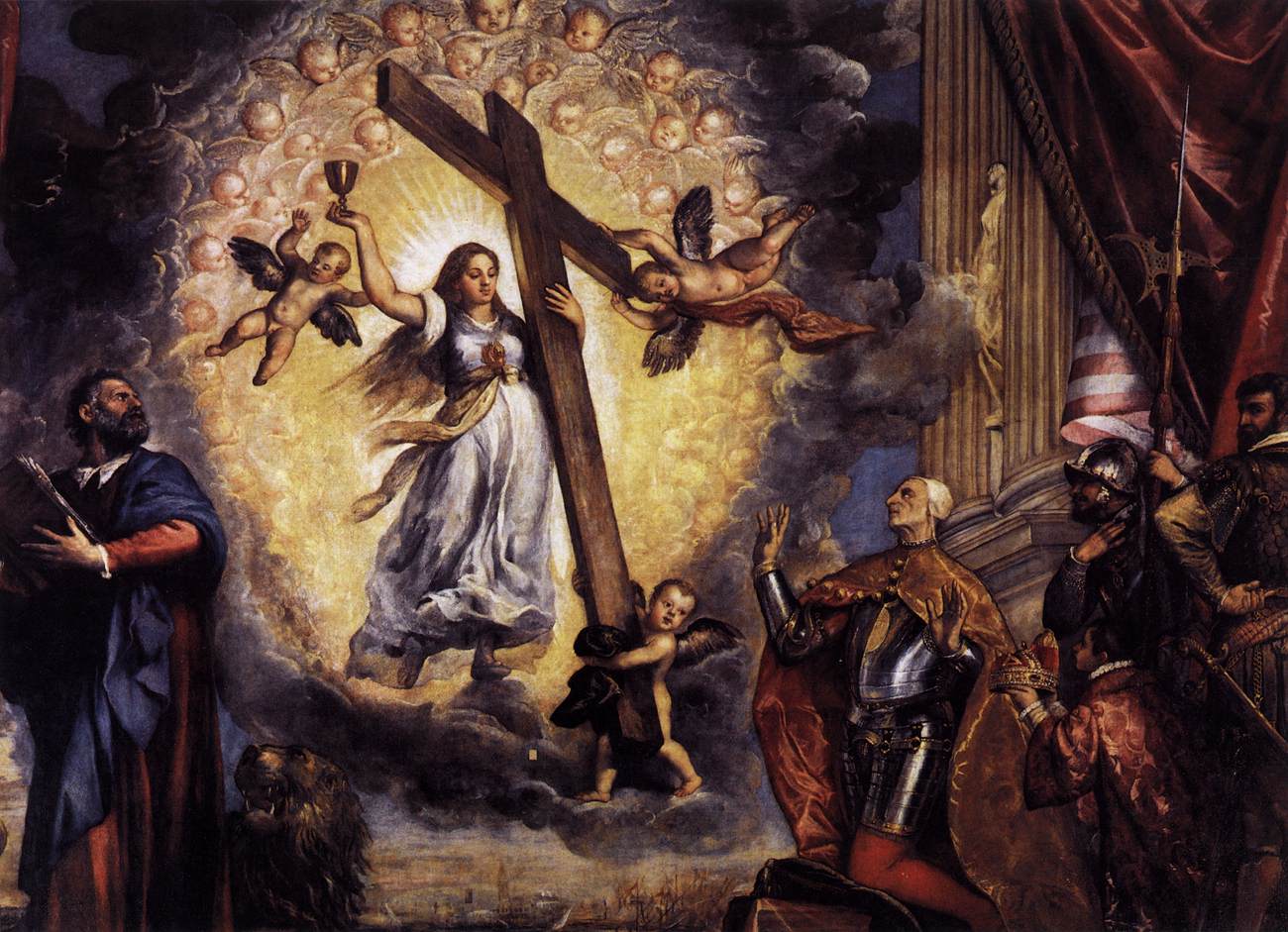 Doge Antonio Grimani Kneeling Before the Faith, vintage artwork by Titian, A3 (16x12") Poster Print