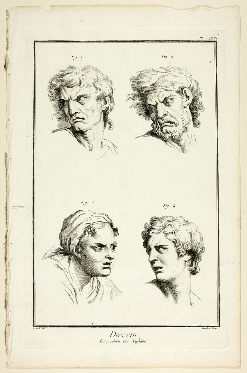 Drawing by Expressions of Emotion (Hate or Jealousy, Anger, Desire, Physical Pain), from Encyclopedie by A. J. Defehrt (French, active 18th century),23x16"( A2 size ) Poster Print