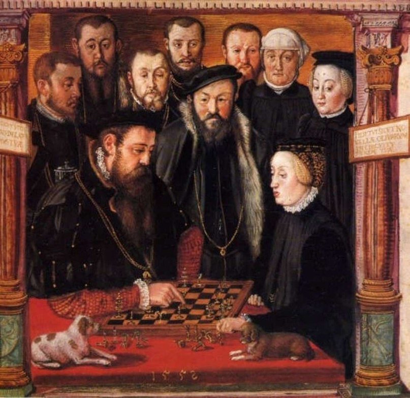 Duke Albrecht V of Bavaria and his Wife Anna of Austria playing Chess (from 'Kleinodienbuch der Herzogin Anna von Bayern'), vintage artwork by Hans Muelich, A3 (16x12") Poster Print