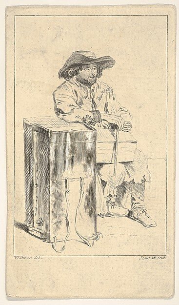 Edme Jeaurat , After Antoine Watteau:Seated man with box in his lap he rests his right elbow on a taller box c1715–38, vintage artwork, 16x12"(A3) Poster Print