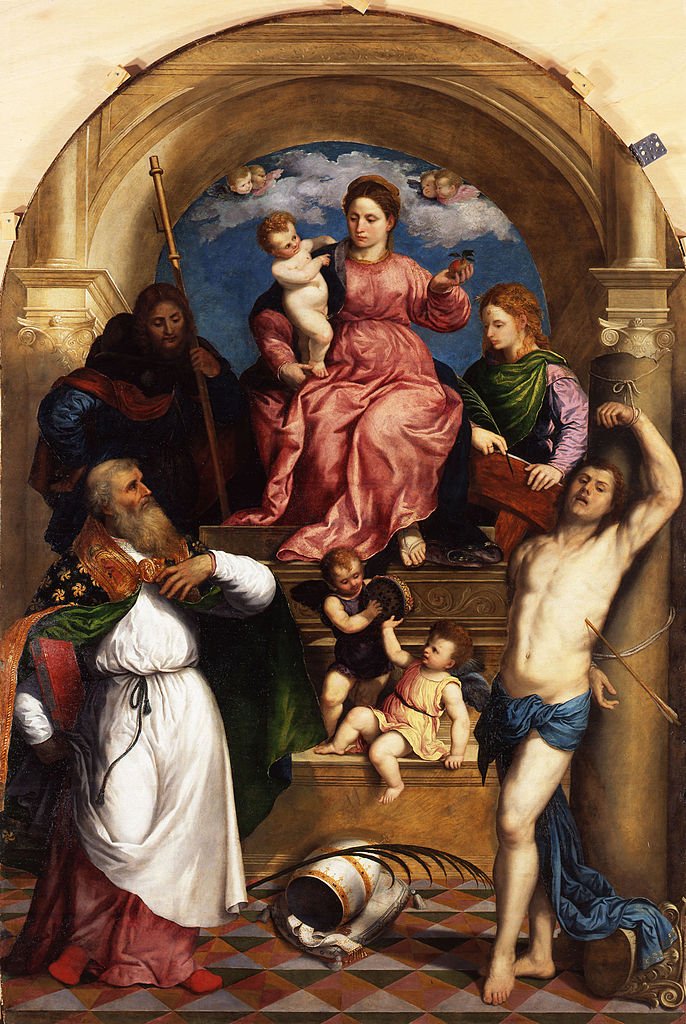 Enthroned Madonna with Child and Saints, vintage artwork by Paris Bordone, A3 (16x12") Poster Print