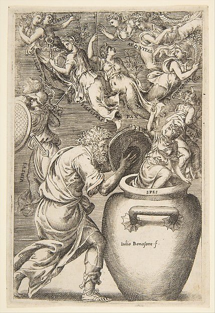 Epimetheus opening Pandora's box 1531–76-Giulio Bonasone , vintage art, A3 (16x12") Poster Print