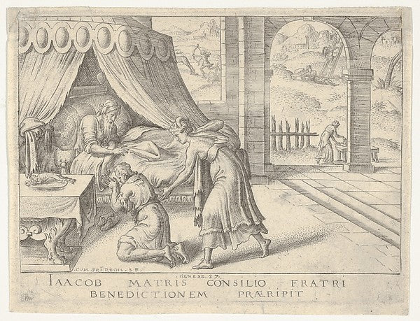 Étienne Delaune:Isaac Blessing Jacob 16th century, vintage artwork, 16x12"(A3) Poster Print