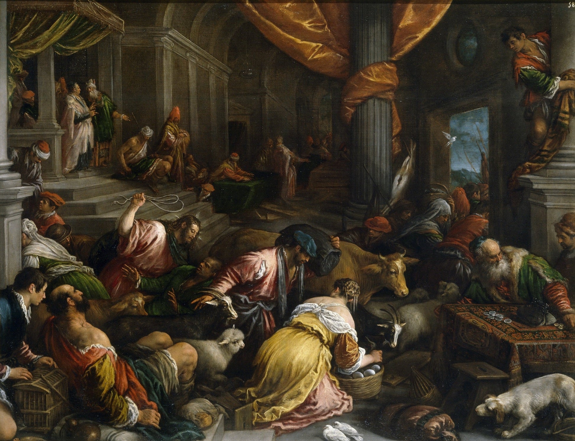 Expulsion of the Merchants from the Temple, vintage artwork by Francesco Bassano  the Younger, 12x8" (A4) Poster