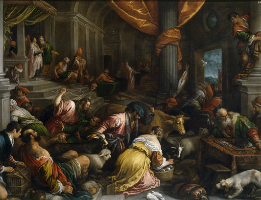 Expulsion of the Merchants from the Temple, vintage artwork by Francesco Bassano  the Younger, 12x8" (A4) Poster