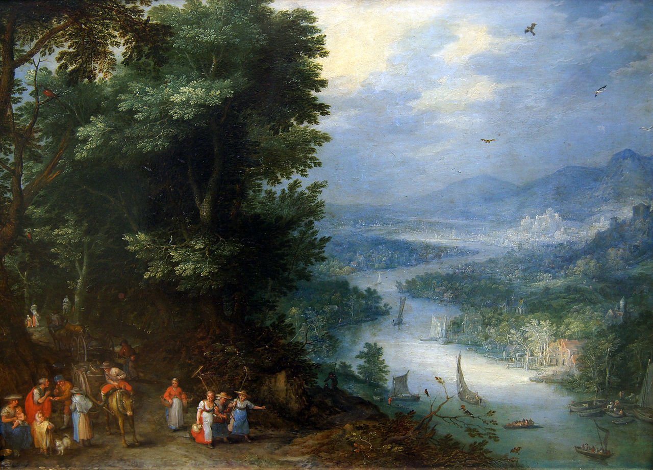 Figures beside a River Landscape, vintage artwork by Jan Brueghel the Elder, 12x8" (A4) Poster