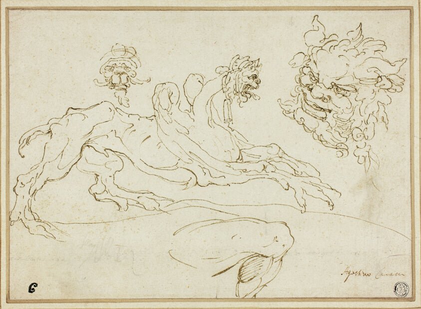 Four Sketches by Griffin, Grotesque Head, Head of Satyr, Bent Leg by Attributed to Agostino Carracci, 23x16"( A2 size) Poster Print