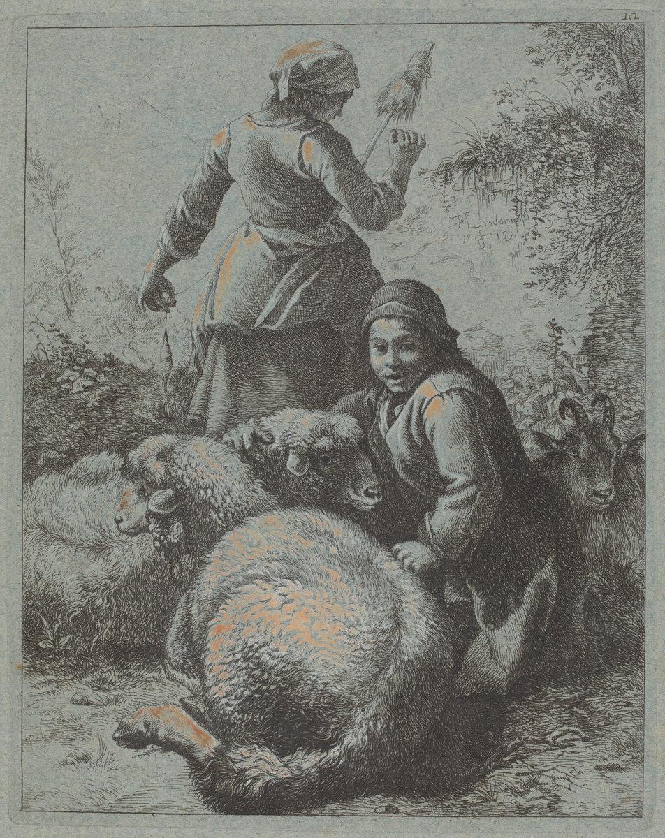 Francesco Londonio:Woman Spinner and a Shepherd with Flock,16x12"(A3) Poster