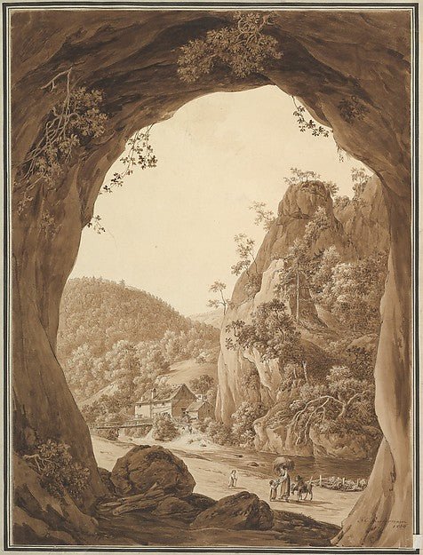 Friedrich Christian Reinermann:View of a Valley through a Rocky Arch 1806, vintage artwork, 16x12"(A3) Poster Print