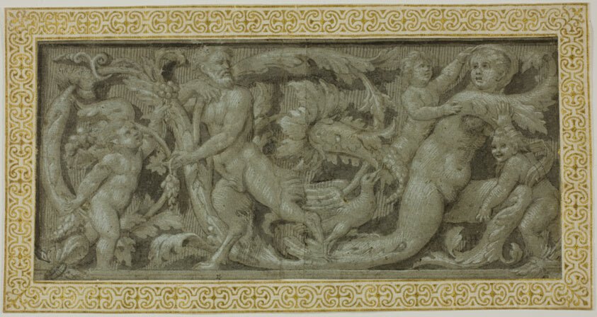 Frieze with Satyr, Nymph, and Putti by Circle of Giovanni Antonio de'Sacchis, called Il Pordenone, 23x16"( A2 size) Poster Print
