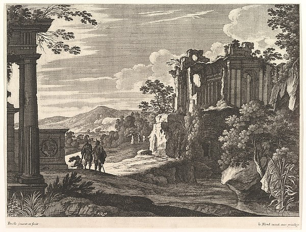 Gabriel Perrelle:Travelers Visiting Ruins mid-17th century, vintage artwork, 16x12"(A3) Poster Print