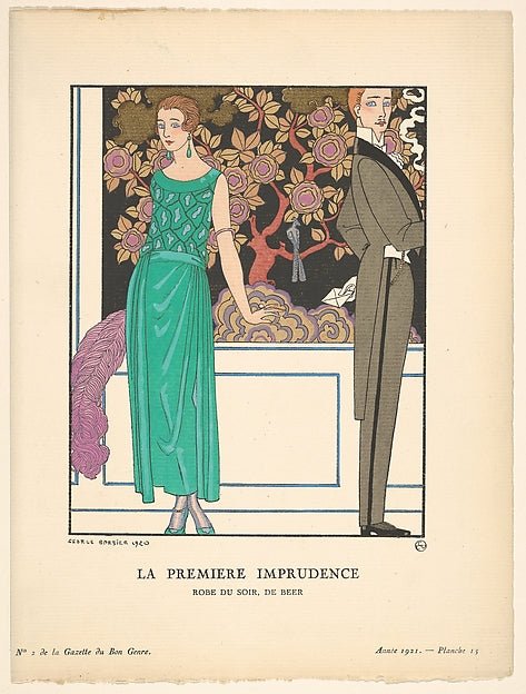 George Barbier:La Première Imprudence: Robe du soir de Beer 1920, vintage artwork, 16x12"(A3) Poster Print