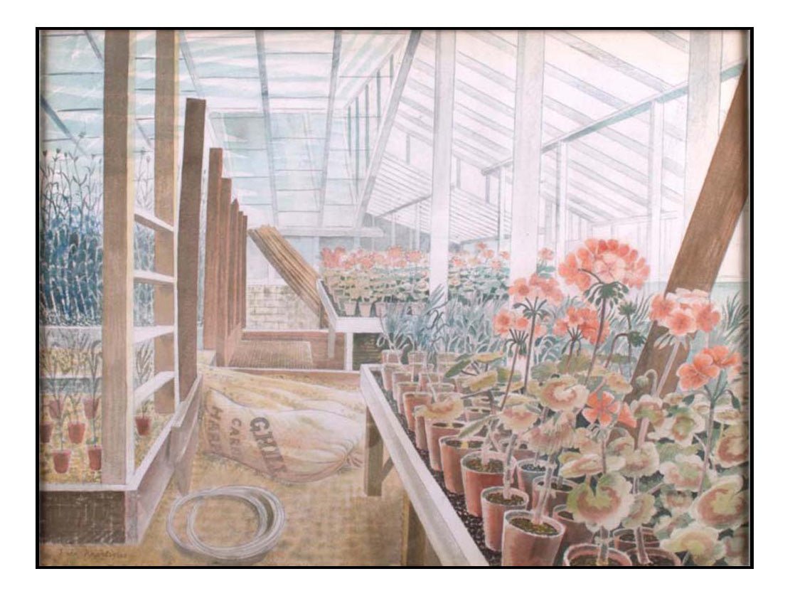 Geraniums and Carnations 1938 Greenhouse by Eric Ravilious, A4 size (8.27 × 11.69 inches) Poster