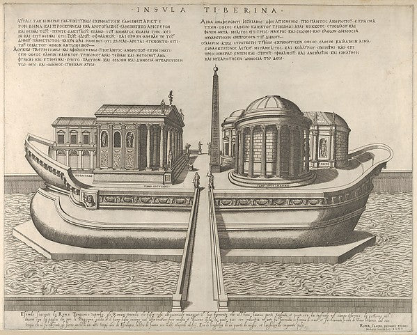 Giovanni Ambrogio Brambilla:View of the Tiber Island represented as a ship the Temple of Aesculapius at left 1582, vintage artwork, 16x12"(A3) Poster Print