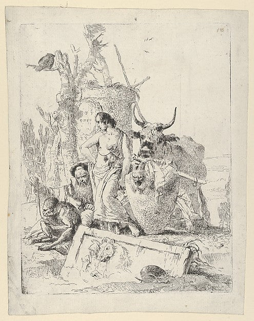 Giovanni Battista Tiepolo:Young Shepherdess and old man with a Monkey from the Scherzi c1740, vintage artwork, 16x12"(A3) Poster Print