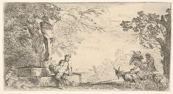 Giovanni Benedetto Castiglione :A satyr reclining at the foot of a staute of Priapus goats at the right c1645–48, vintage artwork, 16x12"(A3) Poster Print