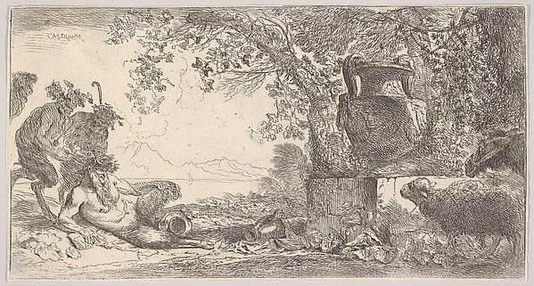 Giovanni Benedetto Castiglione :Pan reclining at left with two standing satyrs a large vase on a pedestal at right c1645, vintage artwork, 16x12"(A3) Poster Print