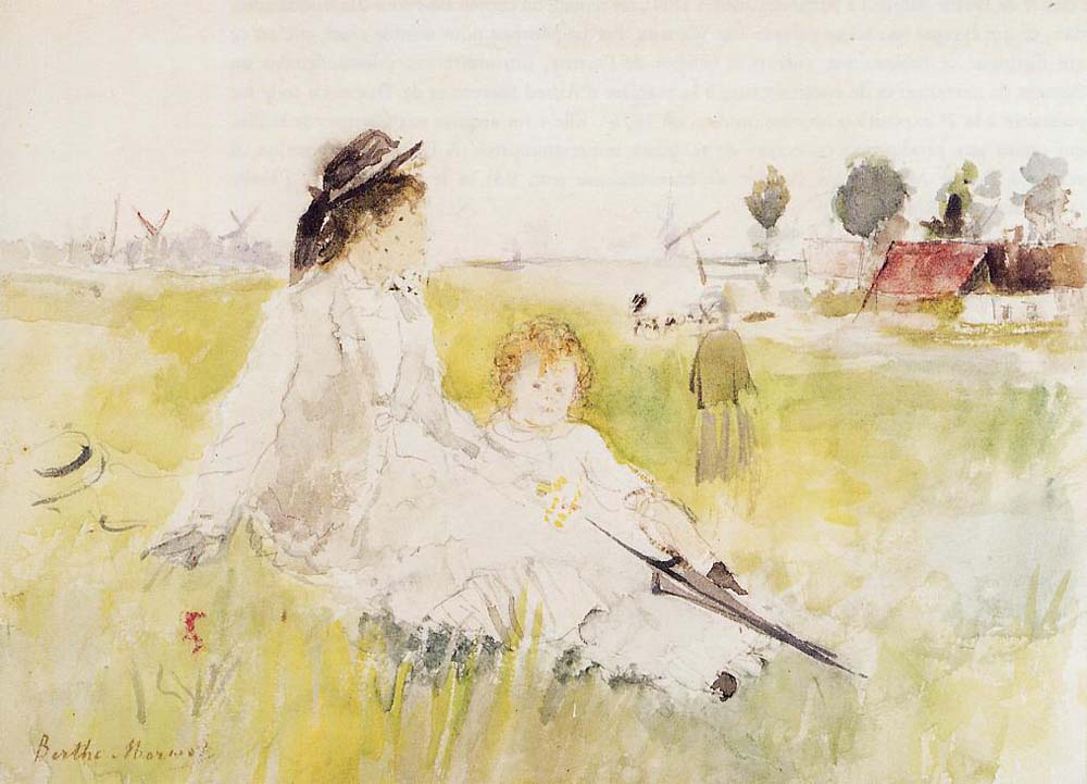 Girl and Child on the Grass - 1875 - by Berthe Morisot, vintage art, modern poster print
