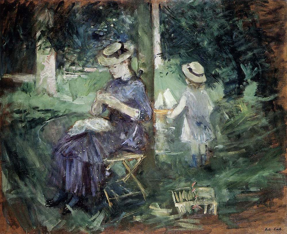 Girl Sewing in a Garden - 1884 - National Galleries of Scotland  by Berthe Morisot, vintage art, modern poster print