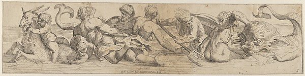 Giulio Carpioni:Plate 6: marine gods and other cavorting figures c1640–70, vintage artwork, 16x12"(A3) Poster Print