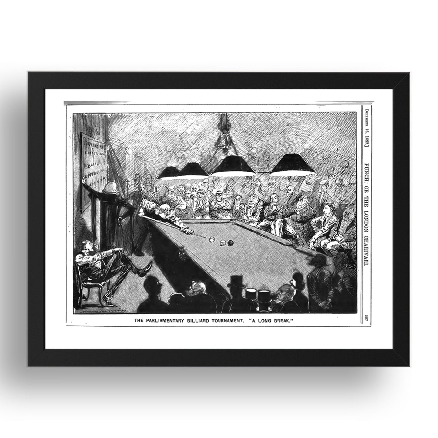 Gladstone Pool Snooke billiard Table 1893 Cartoon, vintage historic poster in 17x13"(A3) Frame