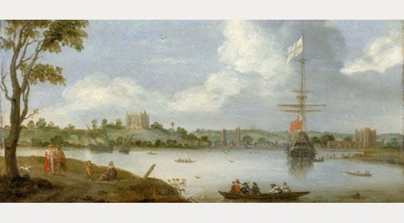 Greenwich Palace from the North-East, with a Man-o'-War, vintage artwork by Adriaen van Stalbemt, 12x8" (A4) Poster