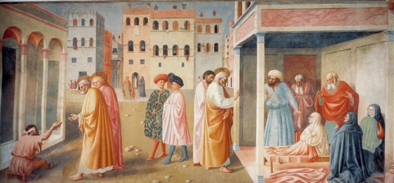 Healing of the Cripple and The Raising of Tabitha, vintage artwork by Masolino da Panicale, A3 (16x12") Poster Print
