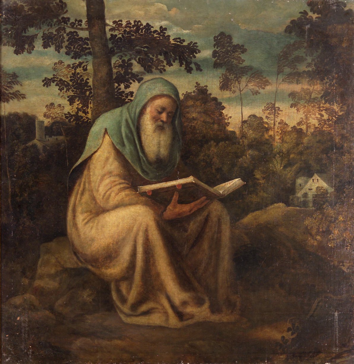 Hermit Reading, vintage artwork by Andrea Schiavone, A3 (16x12") Poster Print