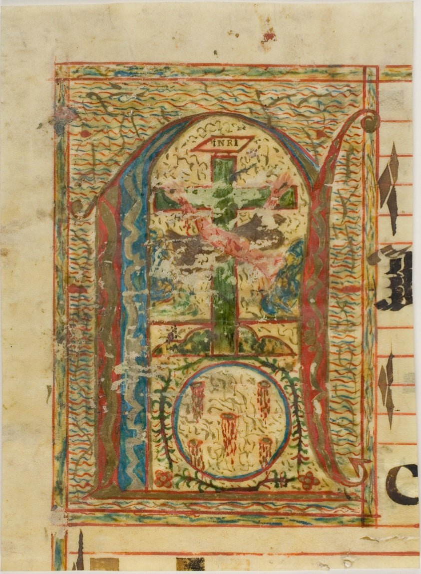 Historiated Initial "N" with Crucifix from a Manuscript by European,23x16"( A2 size ) Poster Print