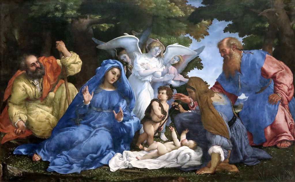 Holy Family with Three Angels, John the Baptist, Saint Elizabeth and Zacheus, vintage artwork by Lorenzo Lotto, A3 (16x12") Poster Print