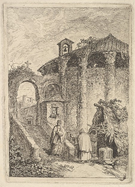 Hubert Robert:Plate 5: The Ancient Temple: a woman descending a staircase at left and giving alms to a beggar a rotunda at right from 'Les soirées de Rome' c1763–64, vintage artwork, 16x12"(A3) Poster Print