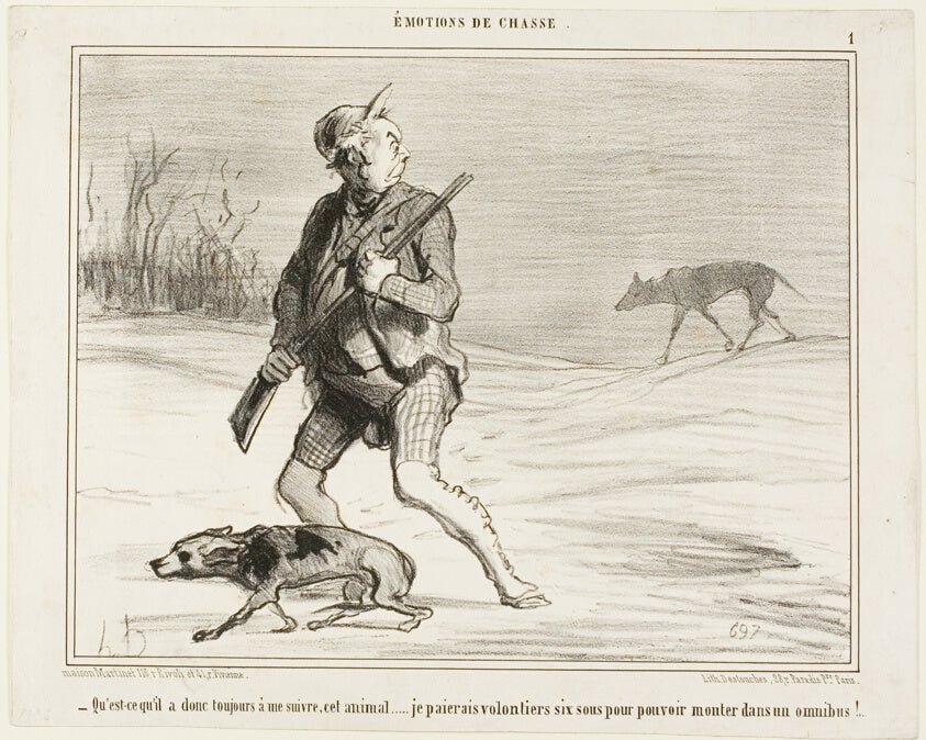 - I wonder why this beast is following me all the time... I'll happily be paying 6 sous to jump on a bus, plate 1 from emotions De Chasse by Honore Victorin Daumier,23x16"( A2 size ) Poster Print