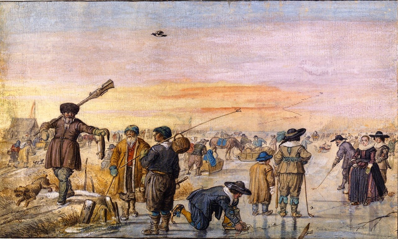 Ice Scene with a Hunter Showing an Otter, vintage artwork by Hendrick Avercamp, 12x8" (A4) Poster