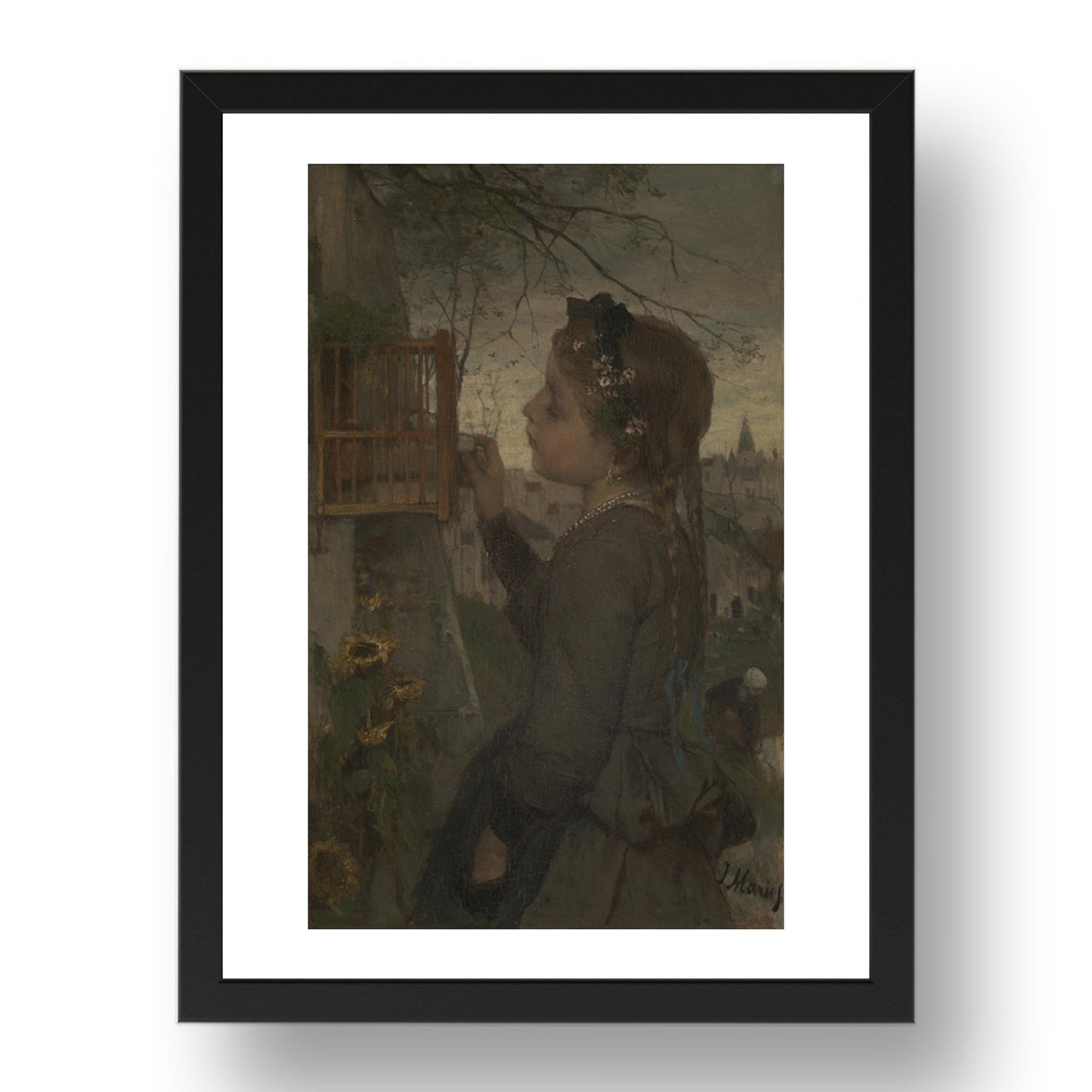 Jacob Maris: A Girl feeding a Bird in a Cage, Poster in 17x13"(A3) Frame