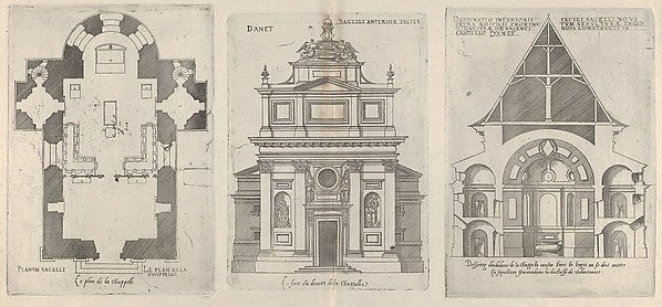 Jacques Androuet Du Cerceau:Floorplan Facade and Cross Section of one of the Chapels at Chateau d'Anet from "Les plus excellents bastiments de France" 1607, vintage artwork, 16x12"(A3) Poster Print