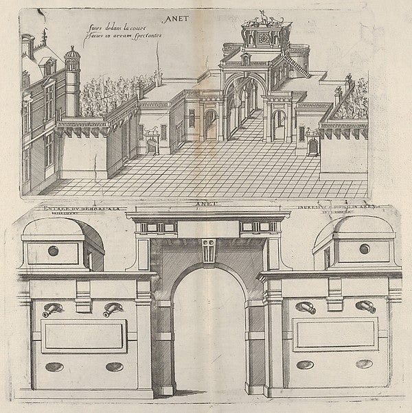 Jacques Androuet Du Cerceau:Interior View of the Court Yard and Frontal View of the Defense Mechanism at Chateau d'Anet 1607, vintage artwork, 16x12"(A3) Poster Print